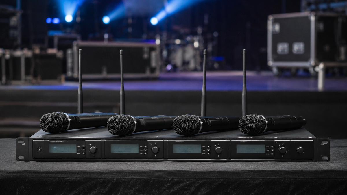 Four wireless microphones with a multichannel receiver on a stage