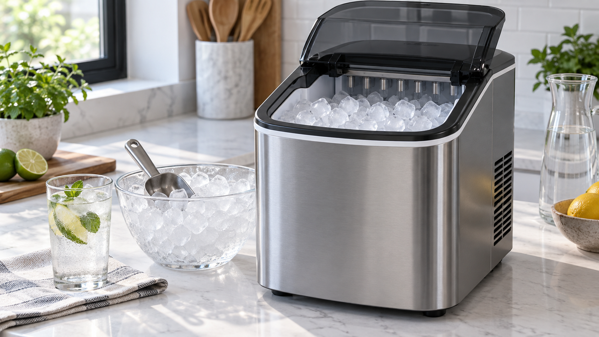 Unbranded portable ice maker producing clear generic ice on a clean kitchen counter