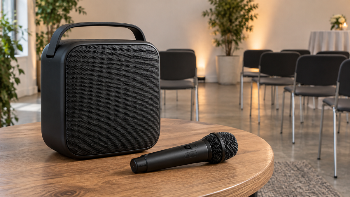 Unbranded portable Bluetooth speaker and handheld microphone arranged in a neutral event space