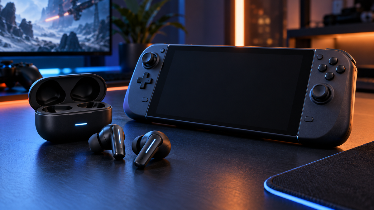 Unbranded low-latency wireless earbuds beside a generic handheld gaming device with a blank screen