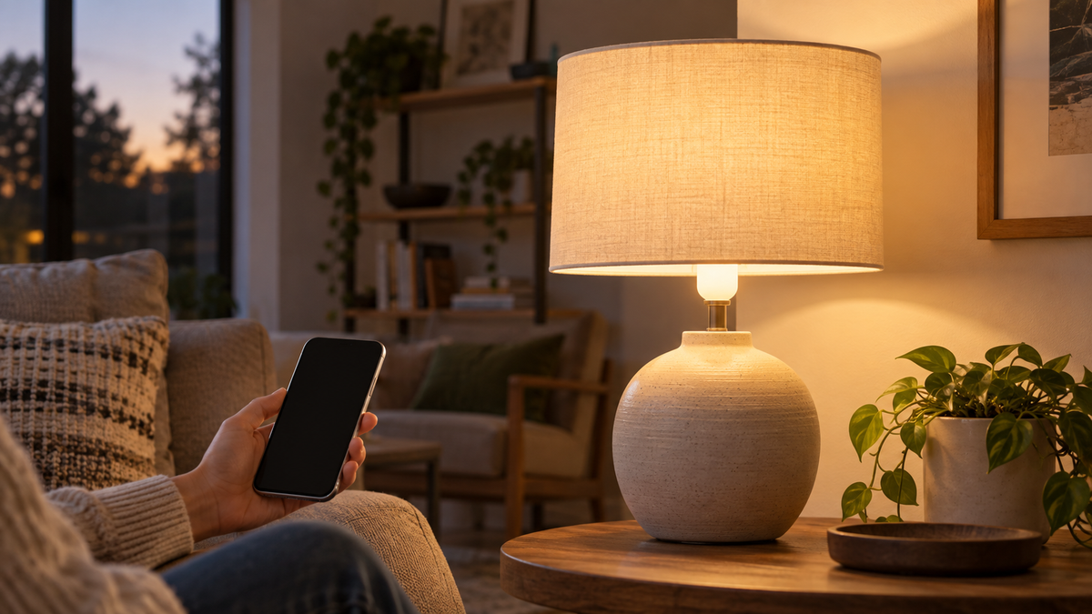 Small smart LED bulb glowing warmly in a table lamp