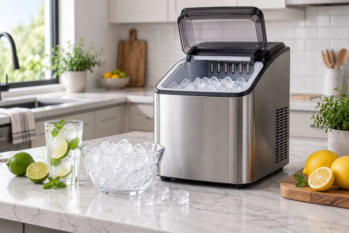 Unbranded countertop ice maker producing fresh cubes in a clean kitchen