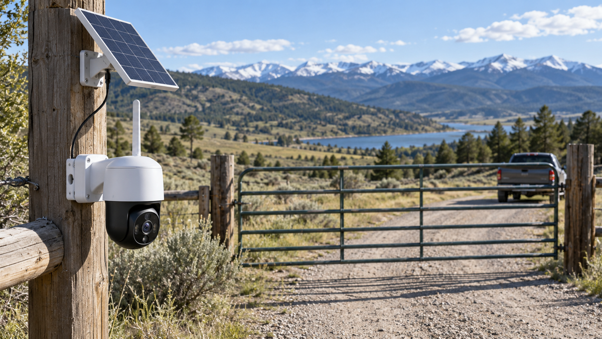 Cellular outdoor security camera with solar panel at a remote gate