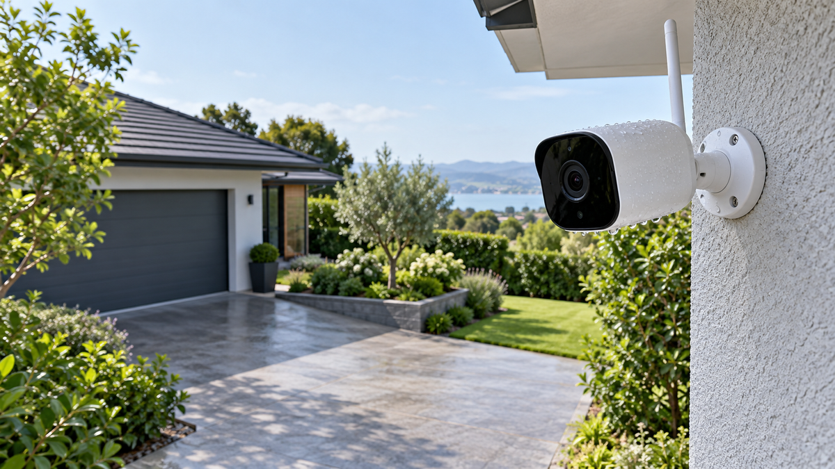 4K wireless outdoor security camera mounted beside a home driveway