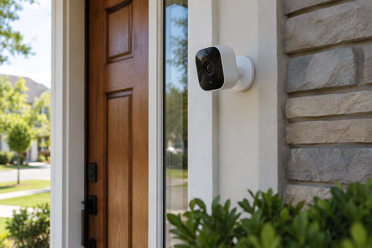 Visible unbranded 4MP WiFi camera mounted at a private home's entry
