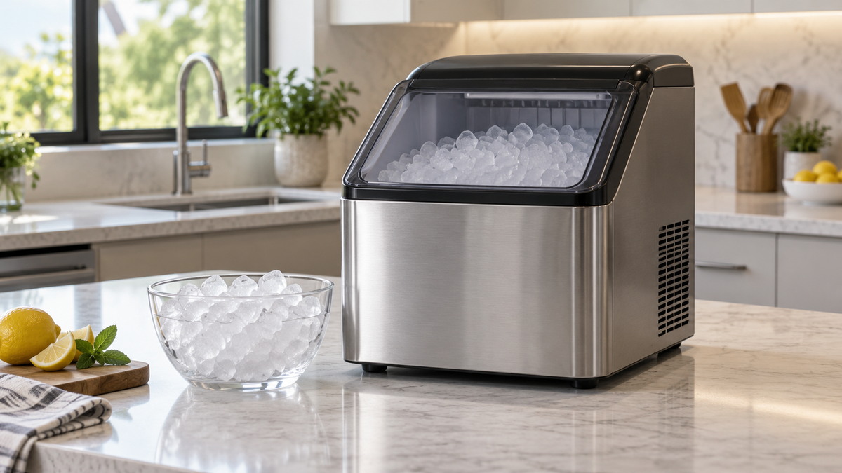 Unbranded high-output countertop ice maker on a spacious clean kitchen counter