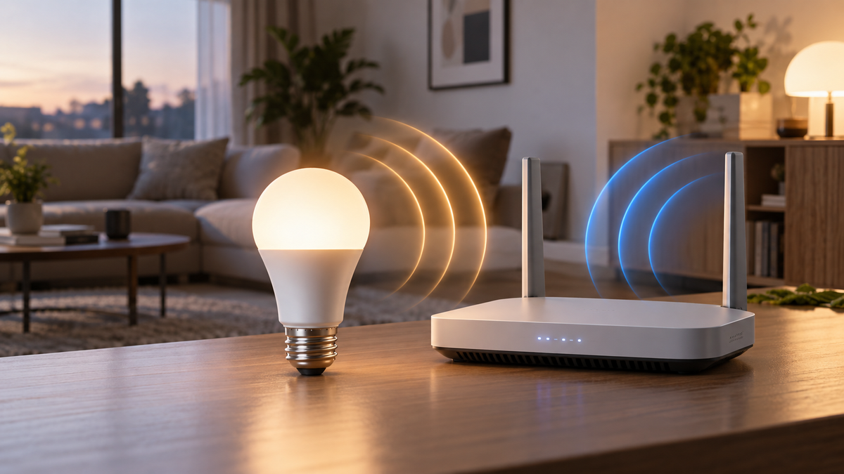 Unbranded smart light bulb beside a dual band WiFi router in a modern room