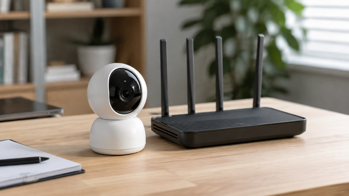 5GHz WiFi camera beside a modern wireless router