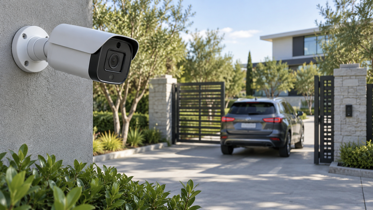 Unbranded 5MP security camera overlooking an authorized property entrance