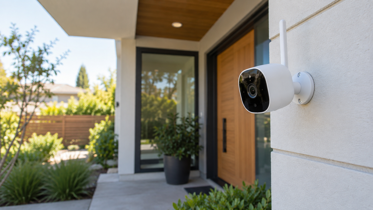 Unbranded visible 5MP WiFi security camera mounted outside a modern home