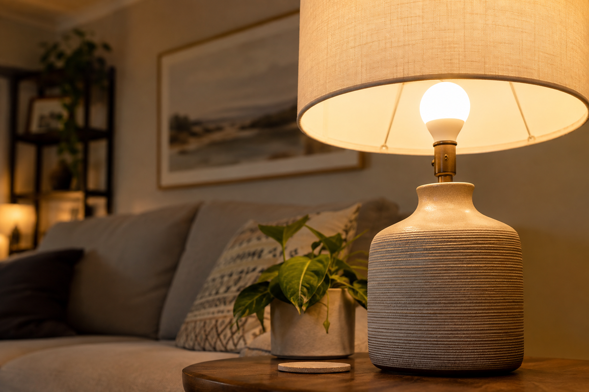 Unbranded 60-watt-equivalent smart bulb glowing in a living room lamp