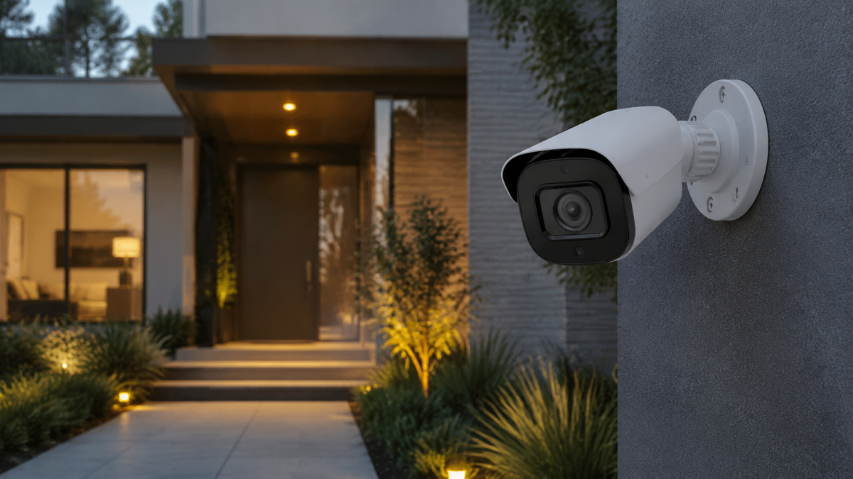 Generic unbranded 8MP security camera in a home exterior setting