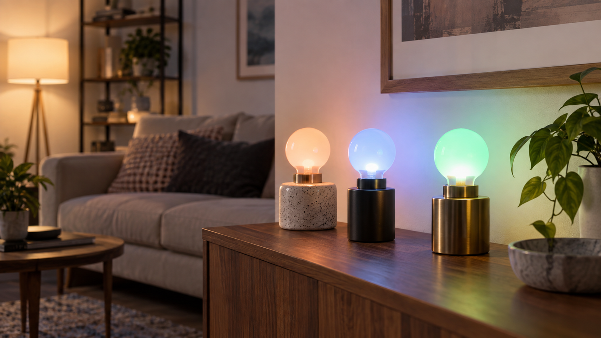 Unbranded compact A15 color-changing bulbs in small decorative fixtures