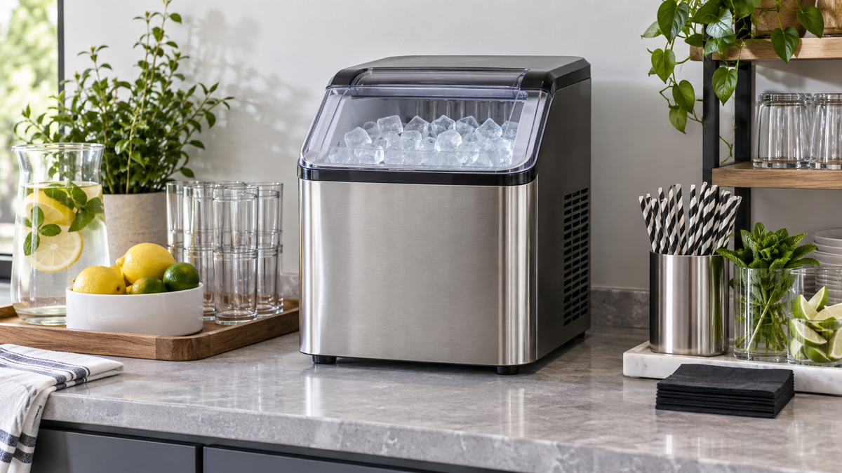 Unbranded above counter ice maker in a clean beverage station with open clearance