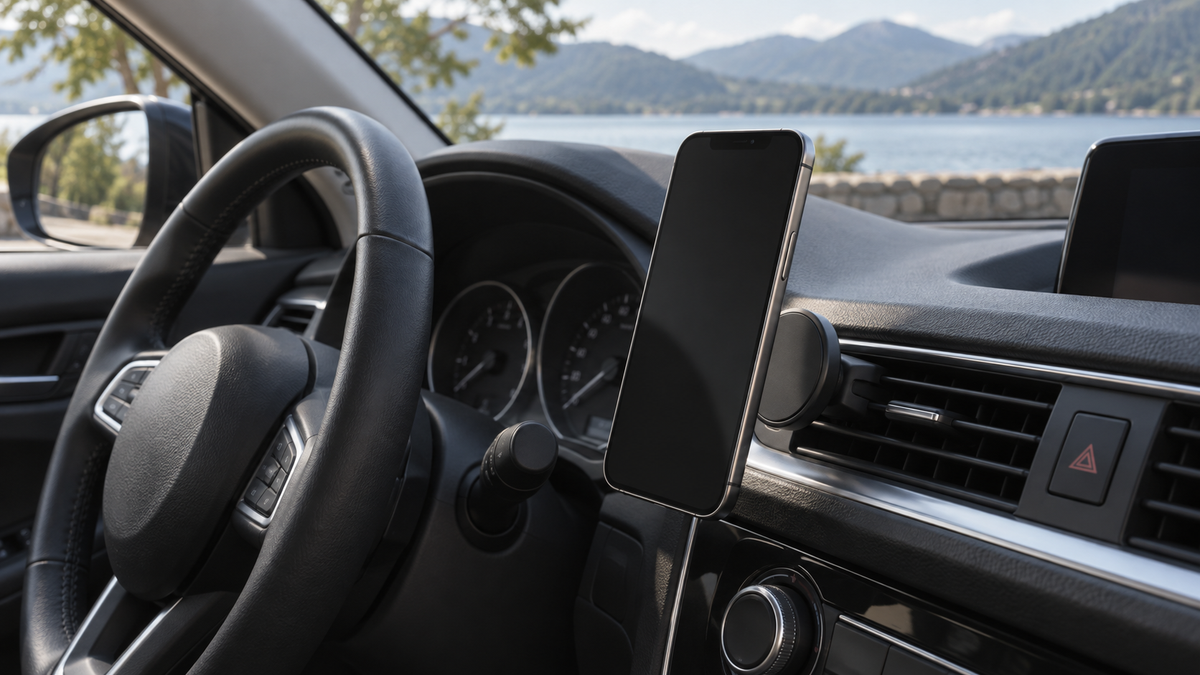 Unbranded magnetic phone holder clipped to a car air vent with a blank-screen phone