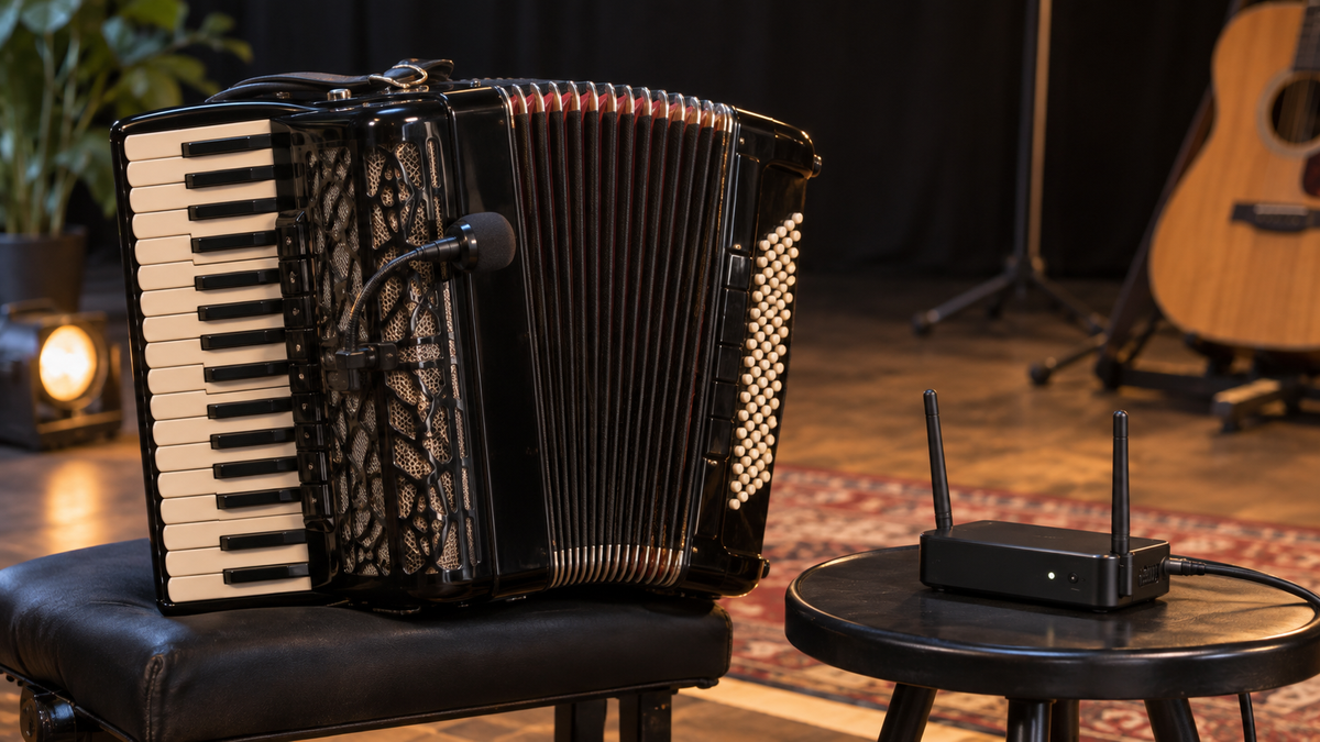 Unbranded wireless microphone mounted safely on an accordion in a clean stage setup