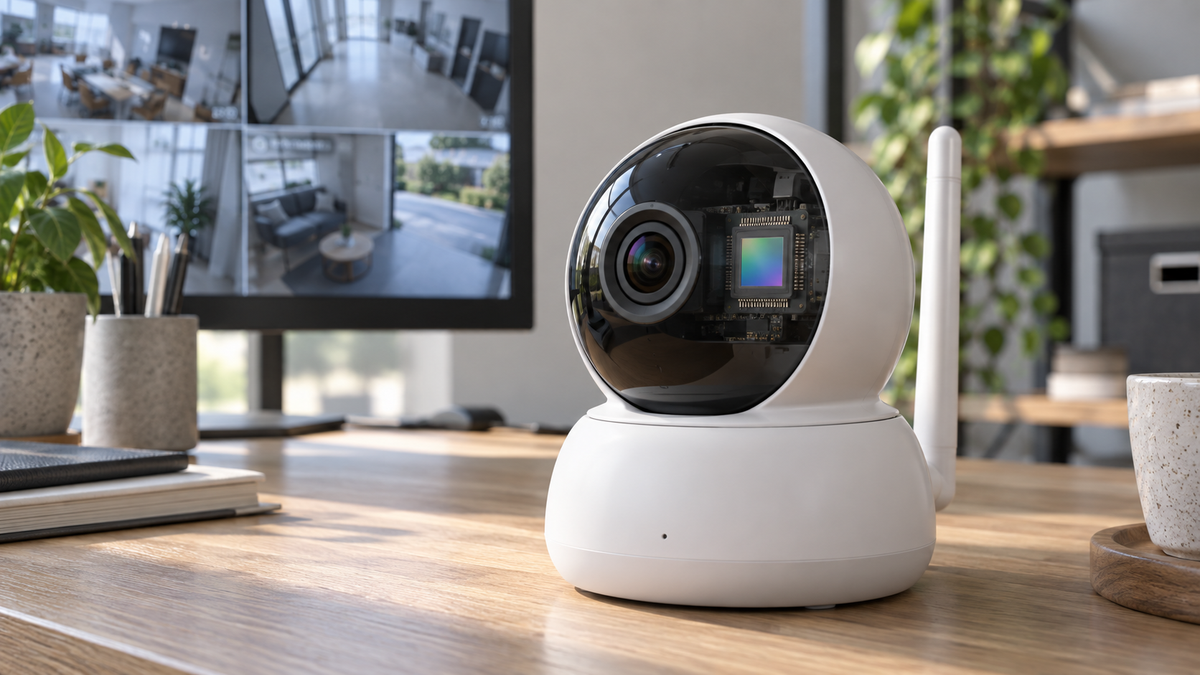 Unbranded WiFi camera with a visible image sensor display setup in a neutral monitored workspace