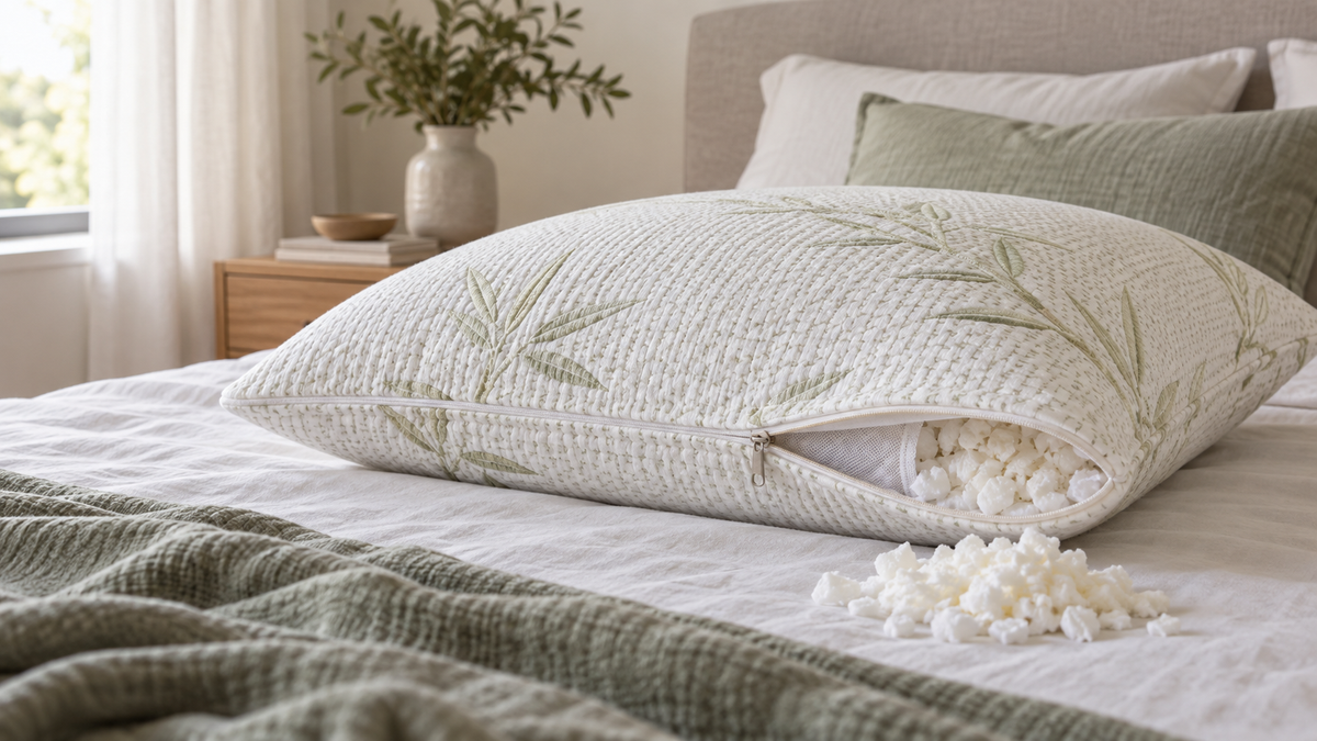 Unbranded adjustable pillow with bamboo-style cover and removable fill in a neutral bedroom
