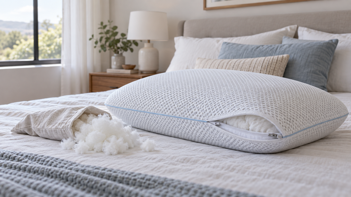 Adjustable cooling pillow with breathable cover and removable fill beside a neatly made bed