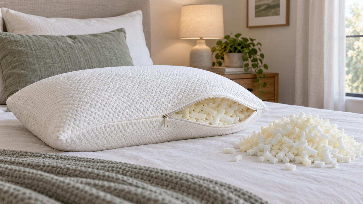Adjustable foam pillow with removable shredded foam fill on a bed
