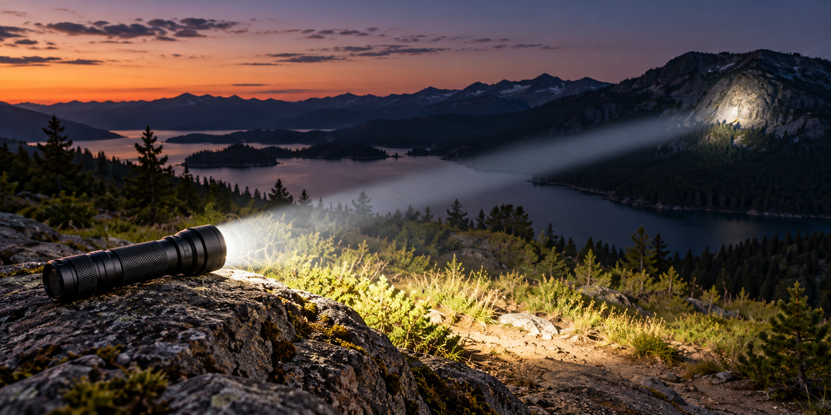 Adjustable focus hand flashlight casting both wide and focused beams in a dark outdoor setting