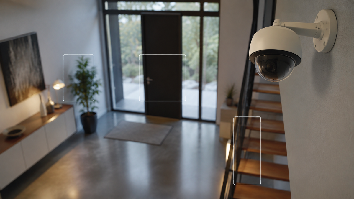 Unbranded AI security camera monitoring a modern entryway