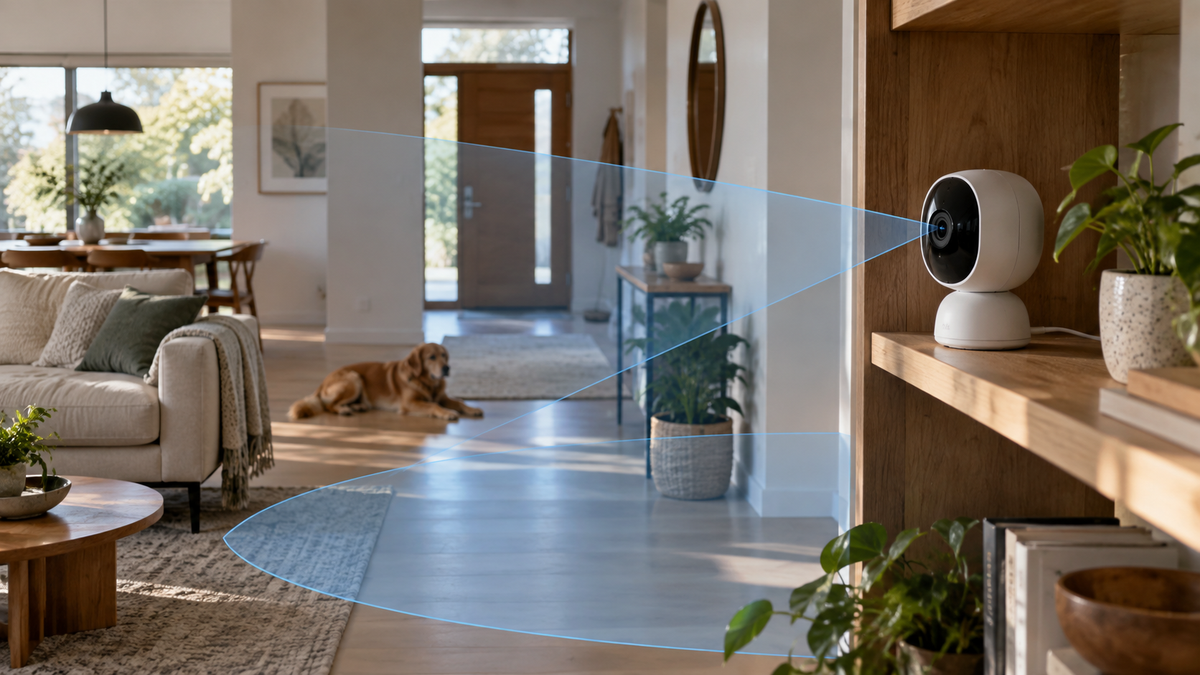 Unbranded visible WiFi security camera with generic detection zones shown without text