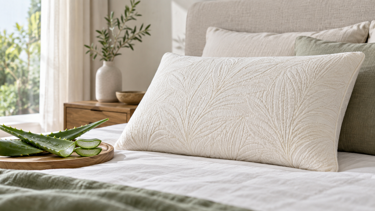 Unbranded aloe vera bamboo style pillow with textured botanical-fiber cover beside aloe leaves
