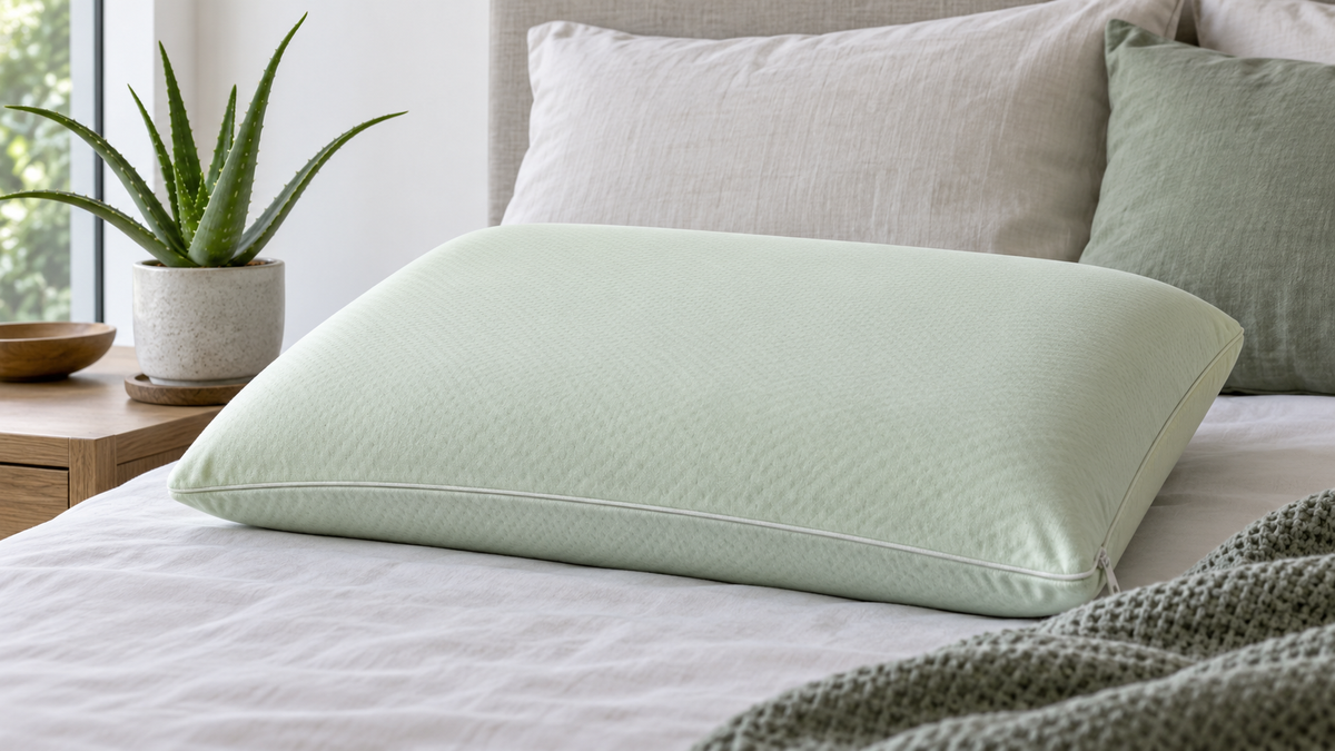 Plain aloe-toned gel pillow with removable cover on neutral bedding and a small aloe plant nearby