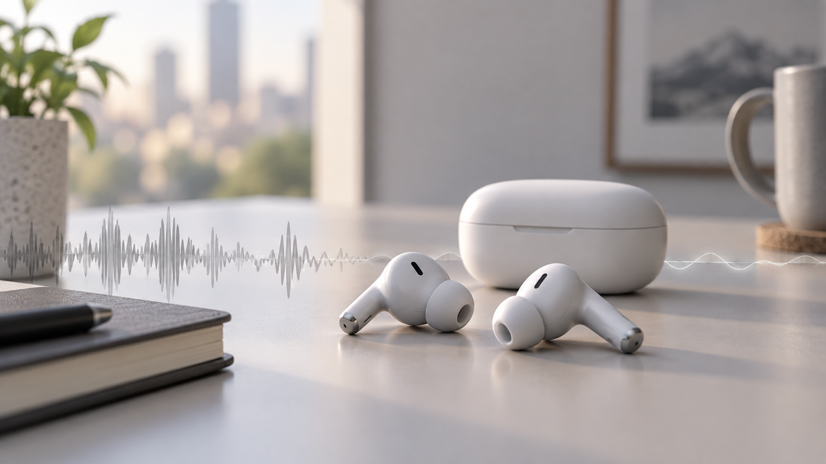Generic ANC TWS earbuds and charging case on a clean desk