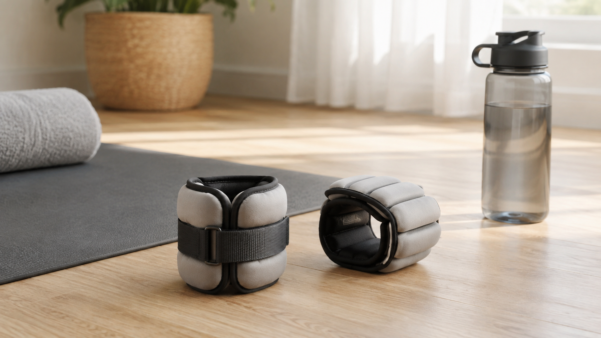 Adjustable ankle weights beside a yoga mat in a bright home workout room