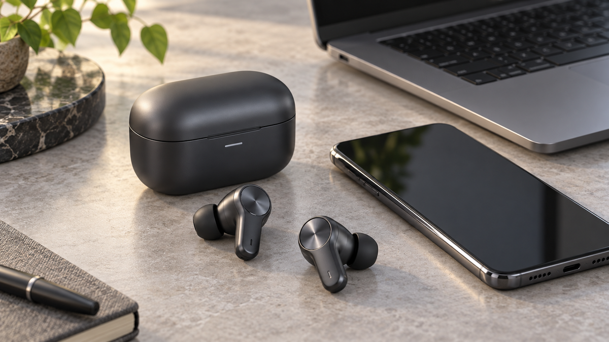 aptX earbuds beside a phone and laptop for compatibility comparison
