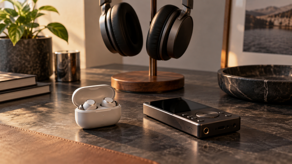 Audiophile wireless earbuds beside a portable audio player