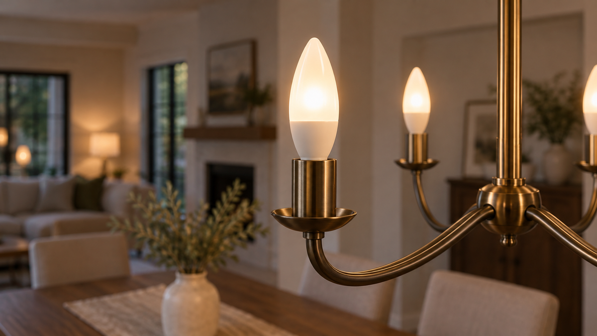 Unbranded B10 candle-shaped smart bulb in a simple chandelier socket