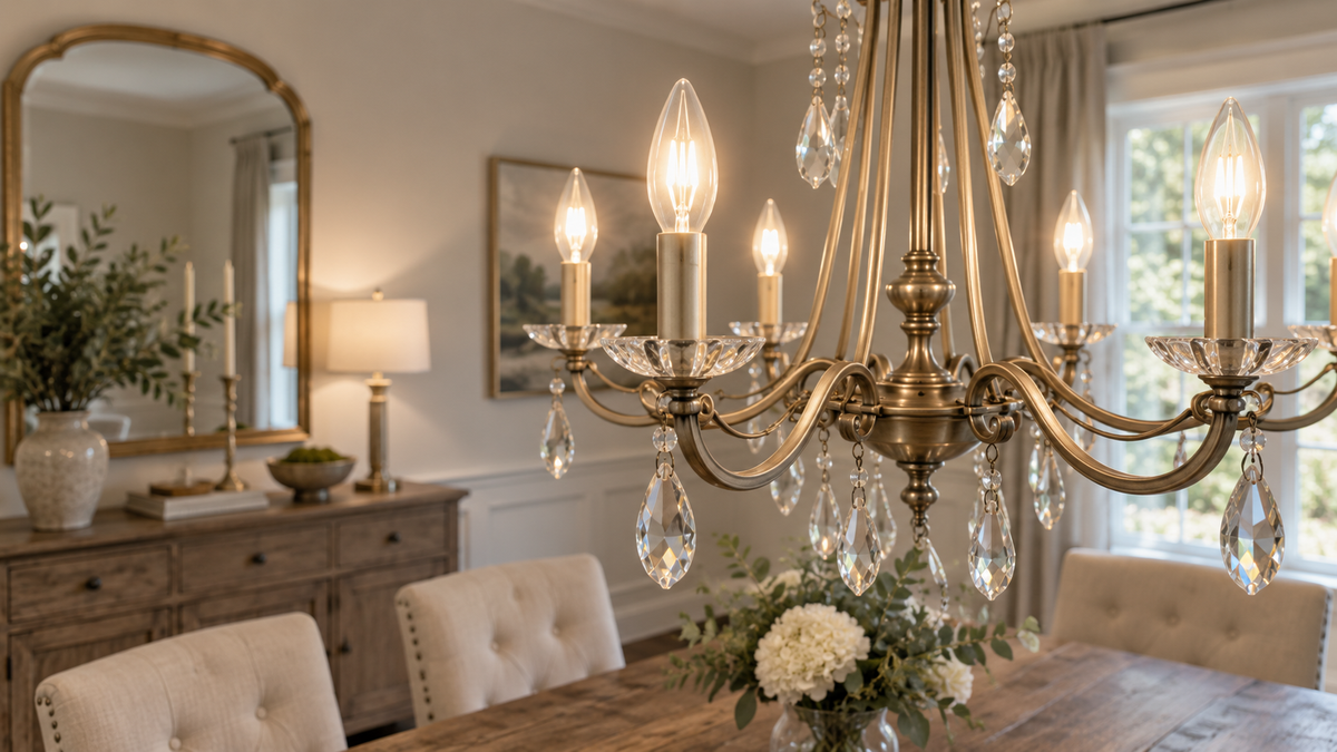 B11 smart candle bulbs glowing in an elegant chandelier