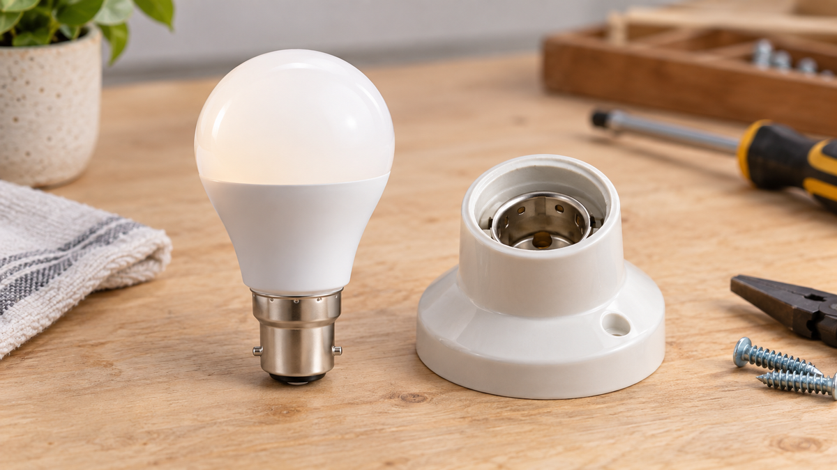 Unbranded B15 smart bulb beside a small bayonet lamp holder on a clean workbench