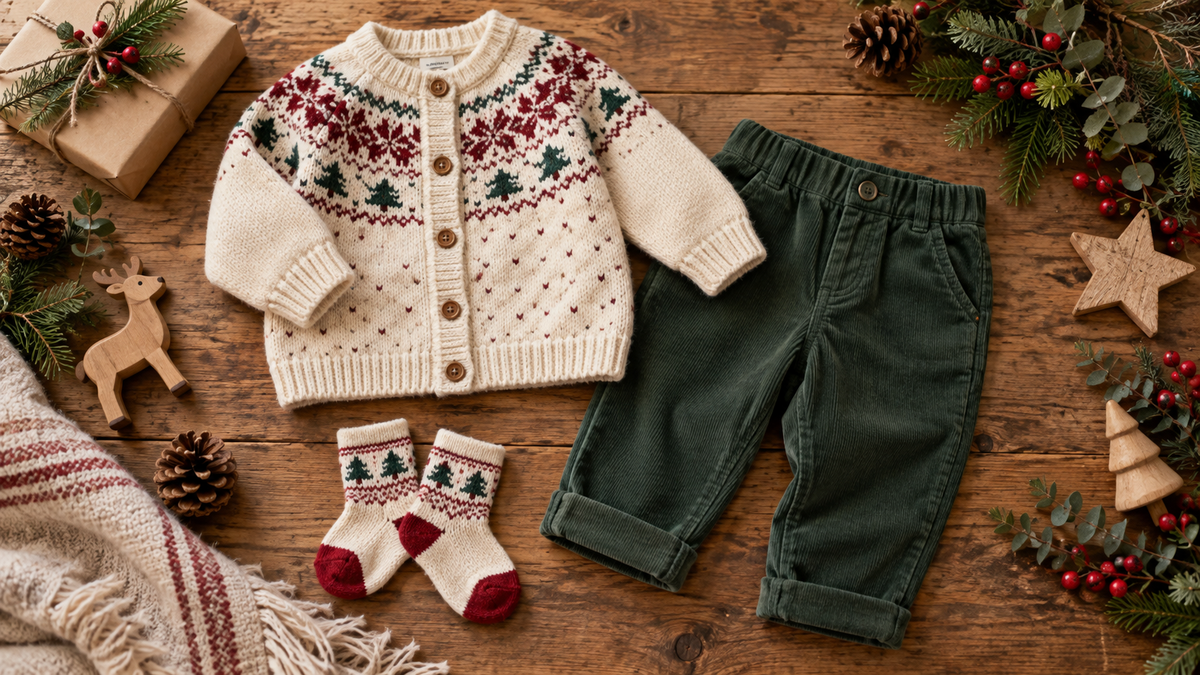 Comfortable baby Christmas outfit pieces arranged with subtle festive greenery