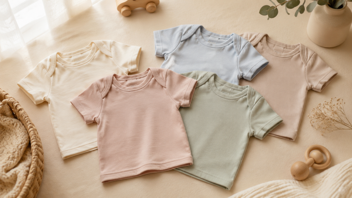 Plain baby tees arranged in a softly lit nursery setting
