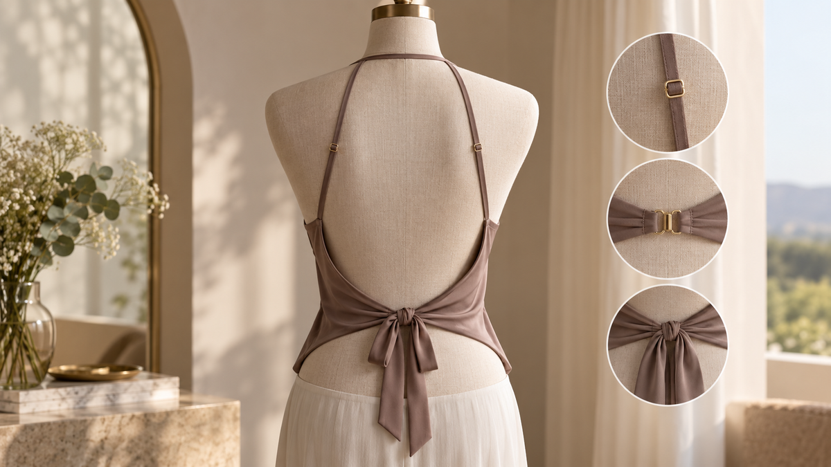 Backless top showing adjustable ties and rear construction