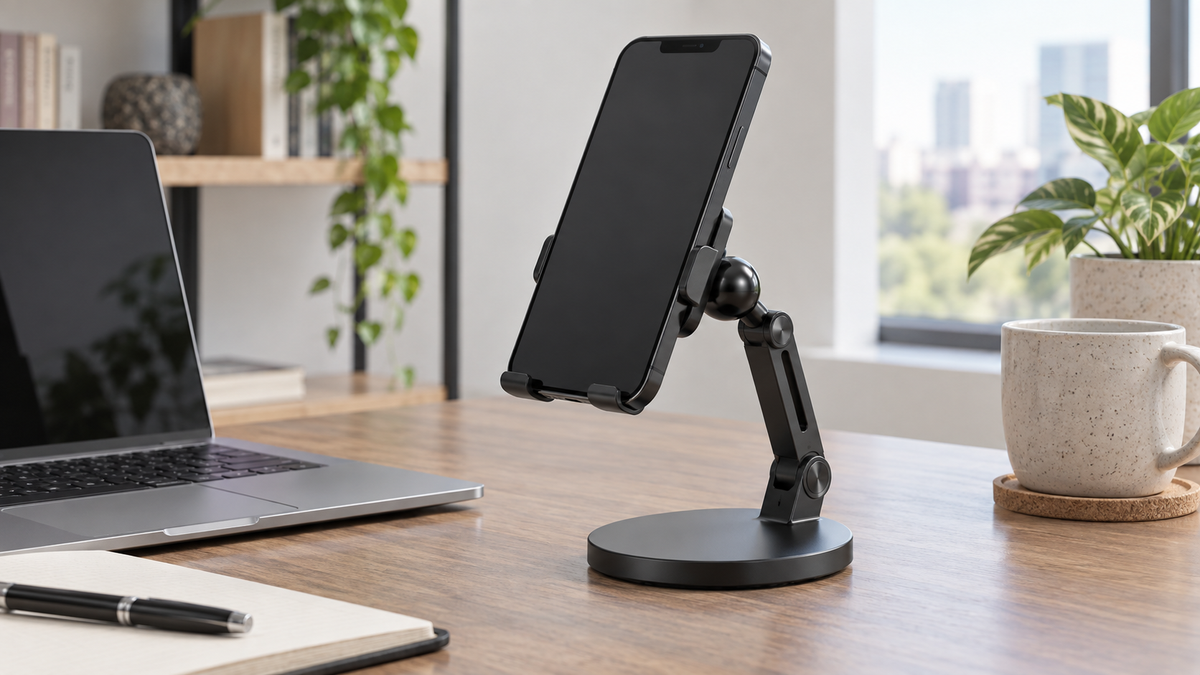 Unbranded adjustable phone holder with a visible ball joint supporting a blank-screen phone