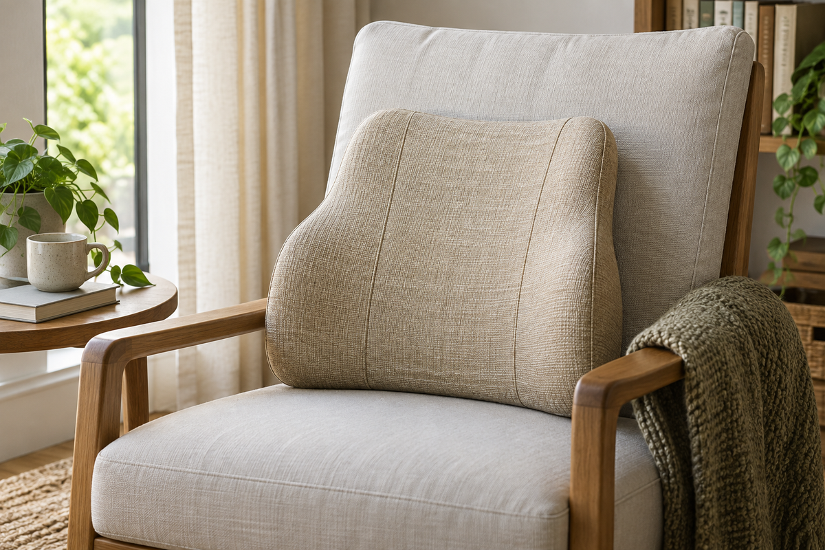 Unbranded bamboo-textile back support pillow on a neutral reading chair