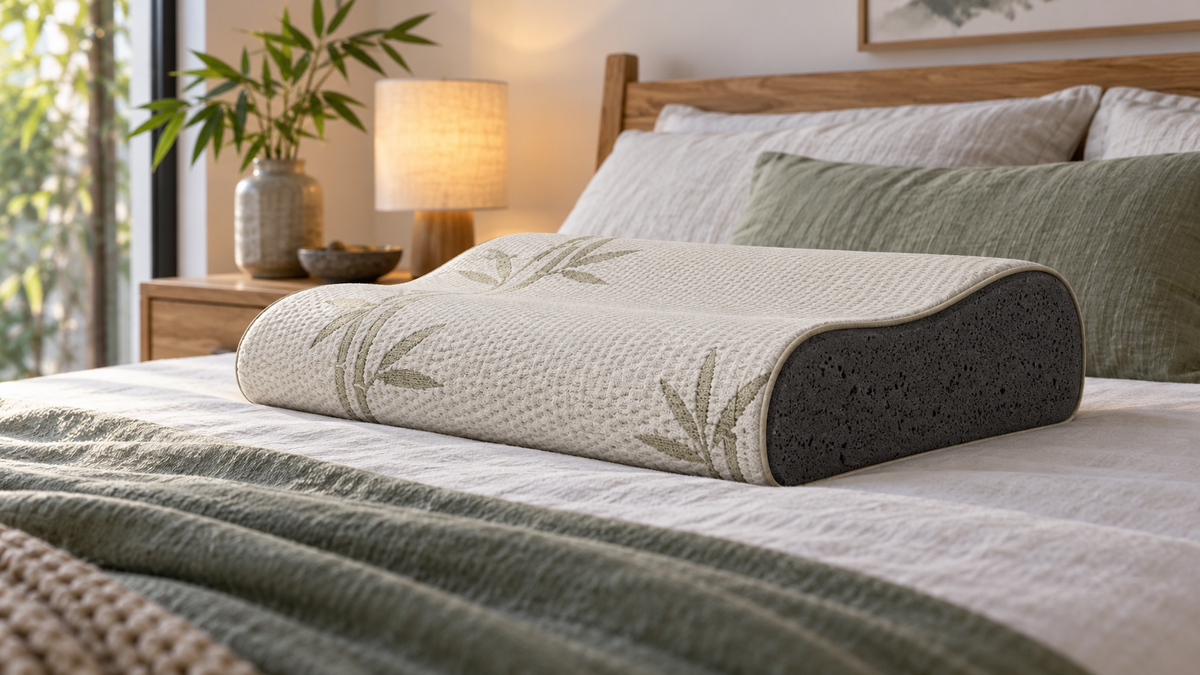 Bamboo charcoal pillow with charcoal-colored foam core on a bed