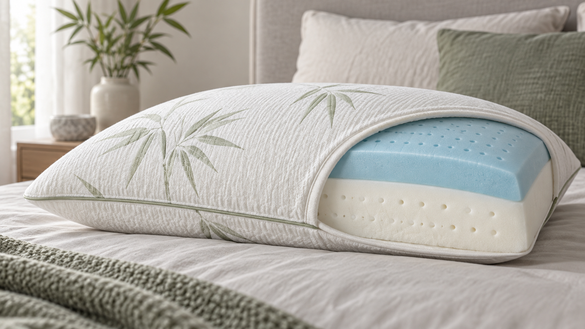 Unbranded bamboo gel pillow with a breathable cover and visible cooling foam layer