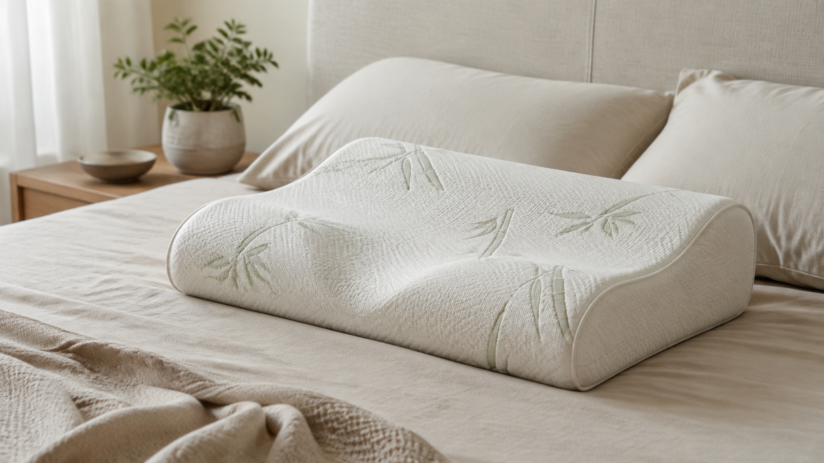 Contoured bamboo neck pillow on a neutral bed