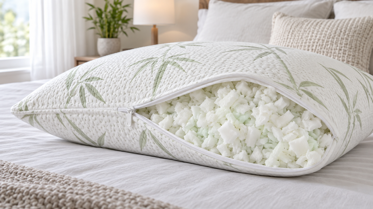Open unbranded bamboo-cover pillow showing clean shredded memory foam fill on a neutral bed