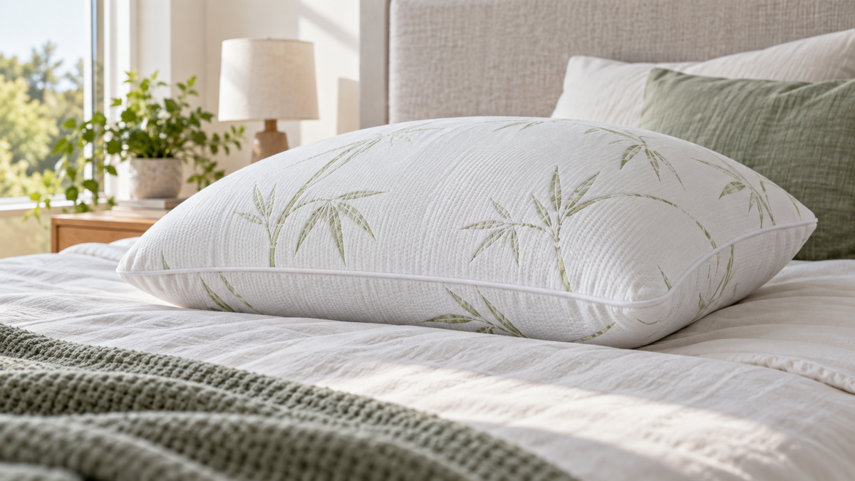 Bamboo-covered side sleeper pillow with supportive loft on a neatly made bed