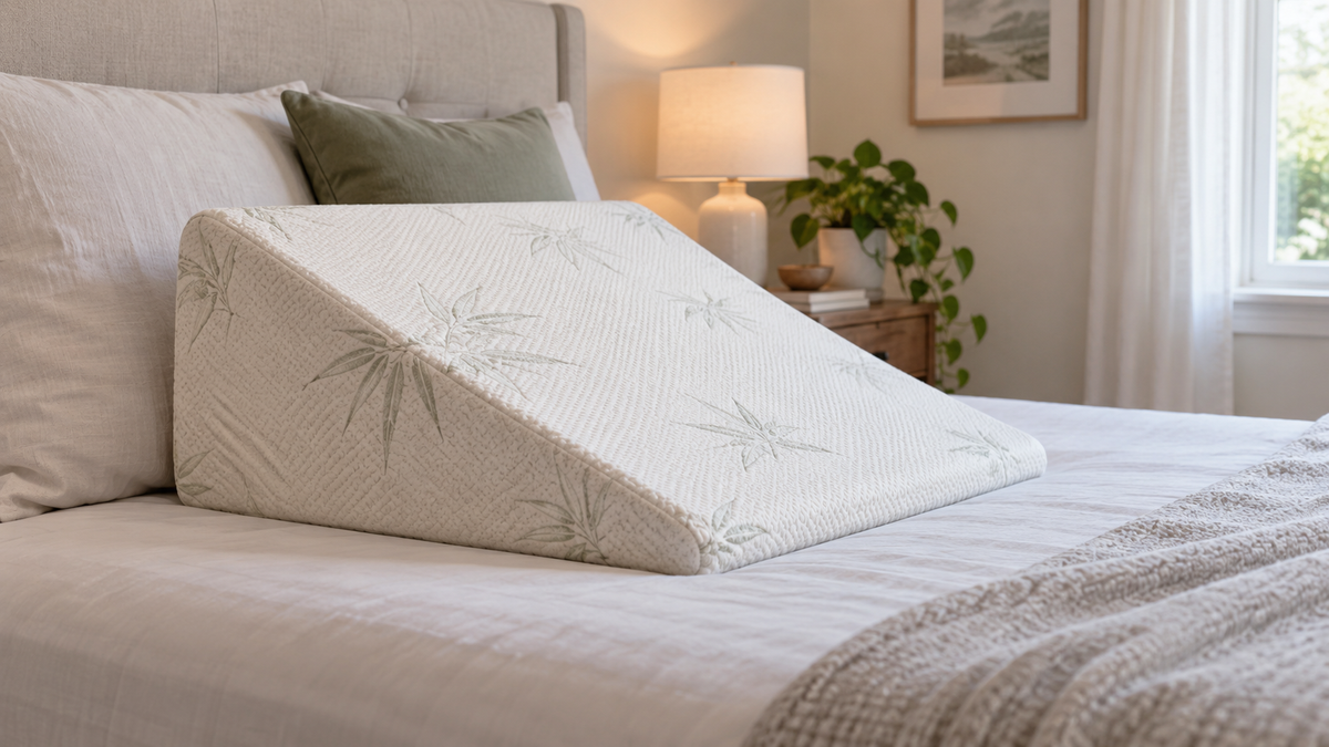 Bamboo-cover wedge pillow showing its sloped supportive shape