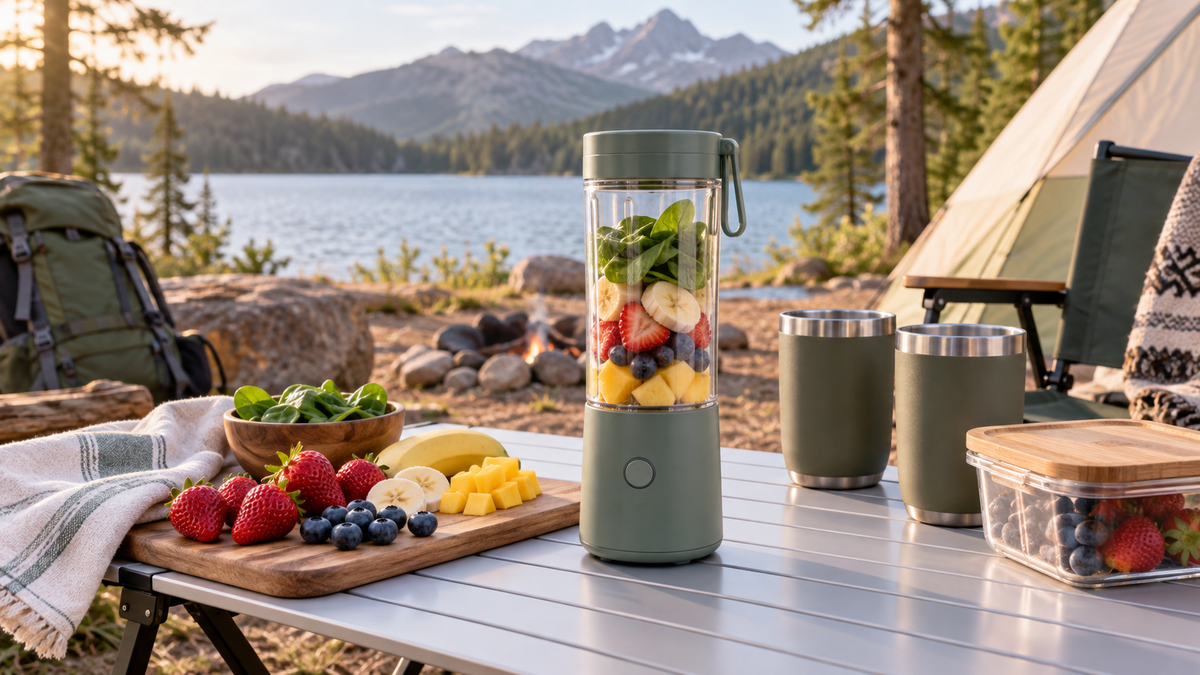 Unbranded battery operated blender on a clean campsite table with fruit and reusable cups