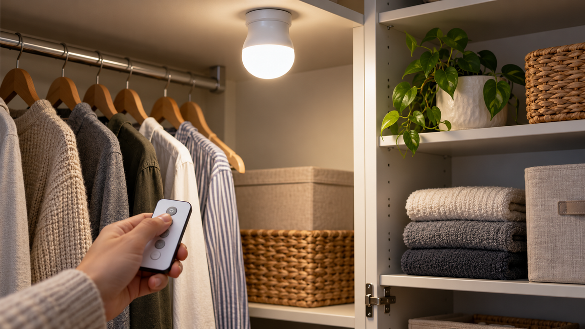 Battery-operated light bulb illuminating a closet with a remote control