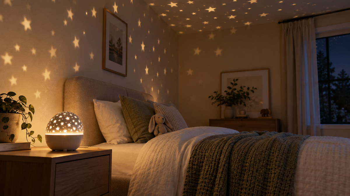 Unbranded battery-operated star night light casting gentle stars in a calm neutral bedroom